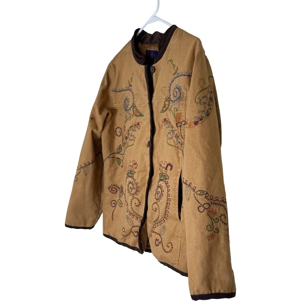 Denim & Co Womens Tan Corduroy Embroidered Floral‎ Paisley Jacket Medium A69383